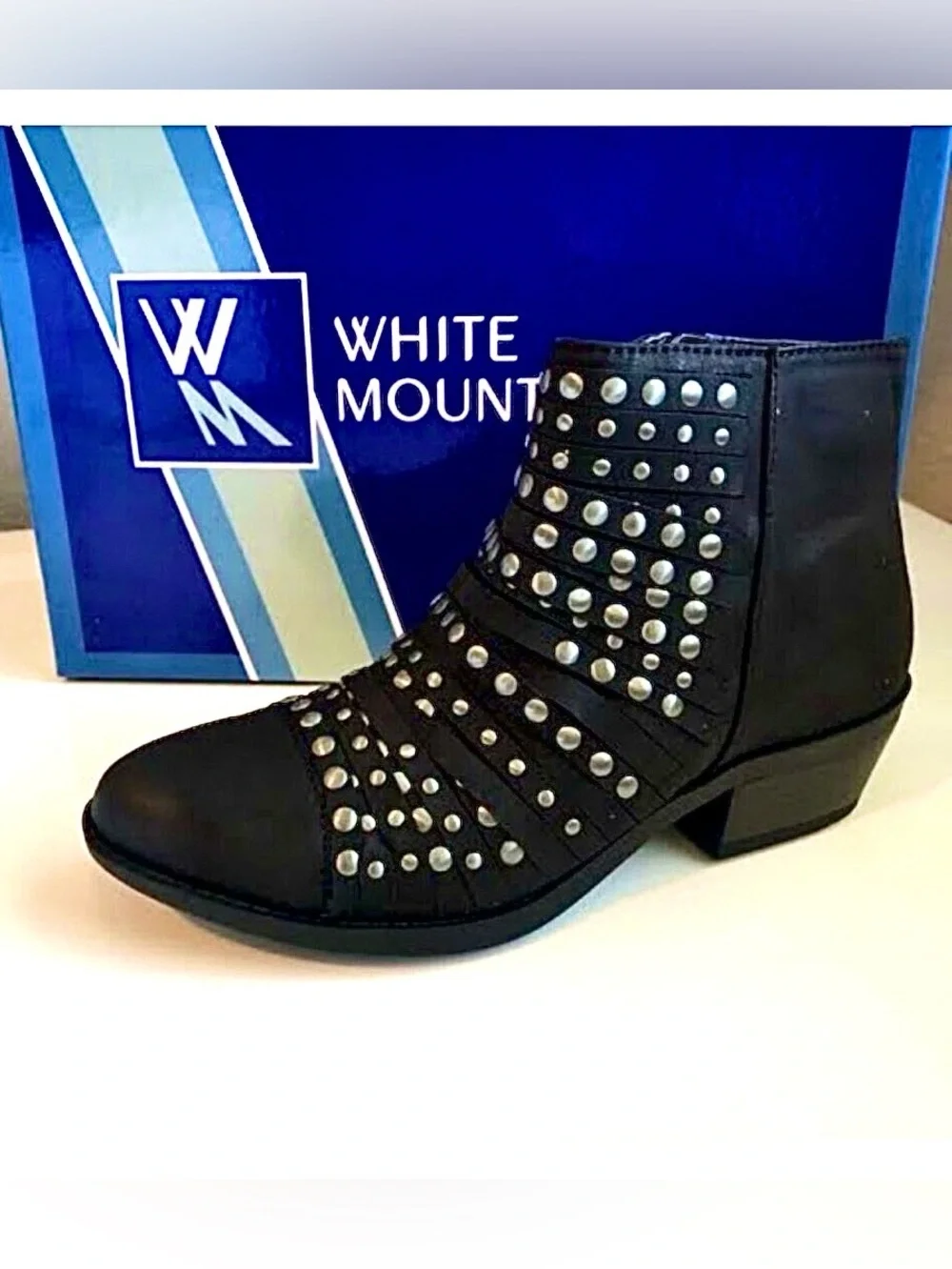 NIB WHITE MOUNTAIN Desire Studded Ankle Boots Western Heel Black Various Sizes